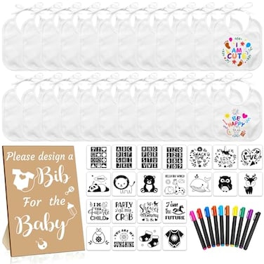 Newwiee 55 Pcs White Bibs for Baby Decorating Design a Bib Decorate Plain newborns Bibs Wooden Sign for Baby Shower Games KitKraft