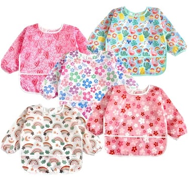 PandaEar 5 Pack Baby Long Sleeve Bibs Waterproof Full Sleeve Bib for Baby Infant Toddler 636 Months Pink