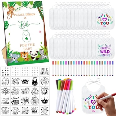 Panitay 100 Pcs DIY Baby Bibs Decorating Kit 50 White Bibs 25 Stencils 24 Markers 1 Baby Shower Game SignForest Animal