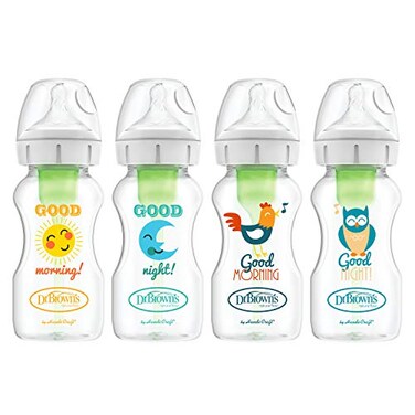 Dr. Brown's Dr Browns Natural Flow AntiColic Options WideNeck Baby Bottles 9 oz270 mL with Level 1 Slow Flow Nipple 4 Pack Good MorningGood Night Gift Set