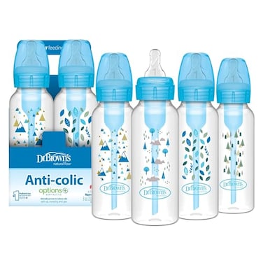 Dr. Brown's Dr Browns Natural Flow AntiColic Options Narrow Baby Bottle Blue Nature 8 oz250 mL with Level 1 Slow Flow Nipples 0m 4 Pack