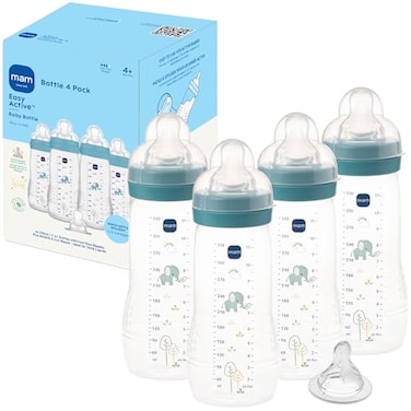 MAM Easy Active Natural Flow AntiColic Baby Bottle 4 Months 4 Pack 11oz BPA Free Fast Flow Skin Soft Silicone AntiColic Nipple AntiSlip Grip LeakProof 4 Months Made In Europe Blue Teal