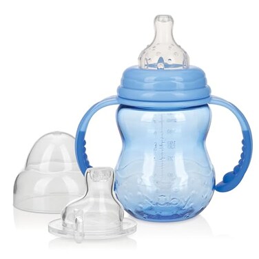 Nuby 3 in 1 Baby Bottle to Training Sippy Cup 8 Oz Toddler Cups Spill Proof with Soft Spout Nipple Removable Grip Handles Dishwasher Safe Blue