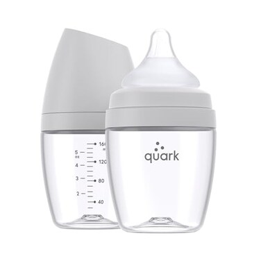 Quark BuubiBottle Mini Slow Flow Bottle for Newborn Babies by with AntiColic RealFeel Nipple to Simulate Breastfeeding BPAFree PVCFree ToxinFree 5 Oz Bottle with Lid 2 Pack Gray
