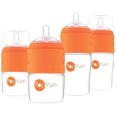 PopYum Orange Formula Making Baby Bottle Starter Set 4Pack 2X 5oz Bottles with 1 Slow Flow Nipples 2X 9oz Bottles with 2 Medium Flow Nipples BPA Free MedicalGrade Silicone Natural Latch