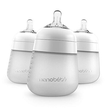 NANOB&Atilde;&permil;B&Atilde;&permil; Nanobebe Flexy Silicone Baby Bottle AntiColic Natural Feel NonCollapsing Nipple NonTip Stable Base Easy to Clean 3Pack White 9oz