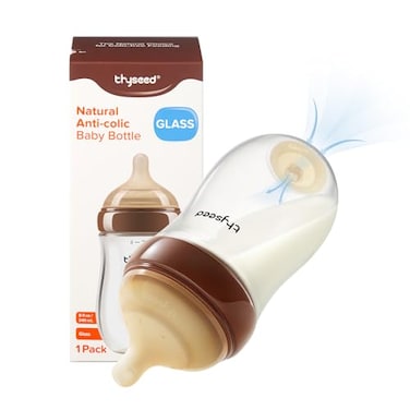 Thyseed AntiColic Glass Baby Bottle for Breastfed Infants Natural Feeding BreastLike Newborn Medium Fast Flow Nipple 3m 8 oz 1 Pack