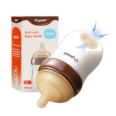 Thyseed AntiColic Glass Baby Bottle for Breastfed Infants Natural Feeding BreastLike Newborn Slow Flow Nipple 1m 5 oz 1 Pack