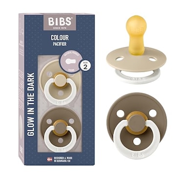 BIBS Pacifiers Colour Collection Natural Rubber Baby Pacifier Set of 2 BPAFree Soothers Made in Denmark 6 Months Pack of 2 Vanilla NightDark Oak Night