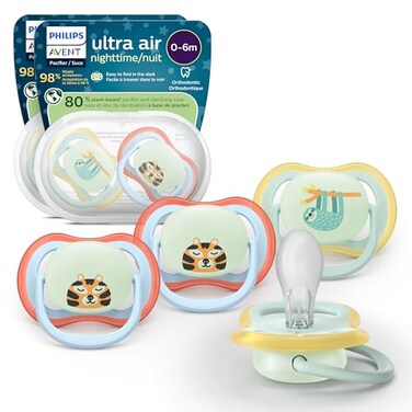 Philips Avent Ultra Air Nighttime Pacifiers Orthodontic Design for Babies 06 Months Glow in the Dark Soft Silicone Symmetrical Nipple BPAFree 2 Sterilizing Cases 4 Pack SCF37635