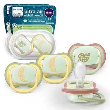Philips Avent Ultra Air Nighttime Pacifiers Orthodontic Design for Babies 18 Months Glow in the Dark ExtraFirm Silicone Symmetrical Nipple BPAFree 2 Sterilizing Cases 4 Pack SCF37638