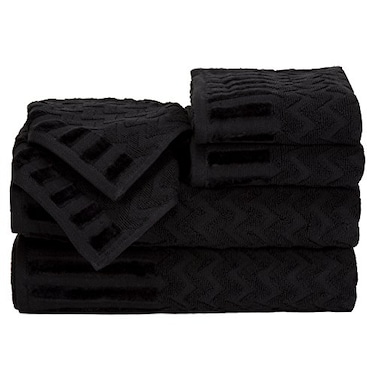 Lavish Home 6Piece Cotton Deluxe Plush Bath Towel Set Chevron Patterned Plush Sculpted Spa Luxury Decorative Body Hand and Face Towels by Black