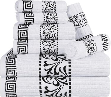 Superior 8Piece Cotton Towel Set Decorative Greek Pattern Home Essentials Absorbent Towels Decor for Bathroom Spa Includes 2 Hand 2 Face and 4 Bath Towels Athens Collection Black