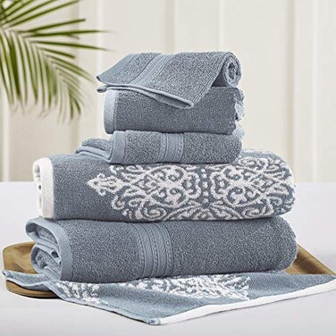 Modern Threads 6 Piece Reversible Yarn Dyed Jacquard Towel Set Artesia Damask Sterling Blue