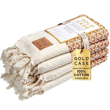 GOLD CASE HOME COLLECTION Gold CASE Turkish Hand Towels for Bathroom Set of 4 100 Cotton Bathroom Towels Helen Kitchen Small Towel for Spa Face Tea Dishcloth Decorative Patterned Weave Orange