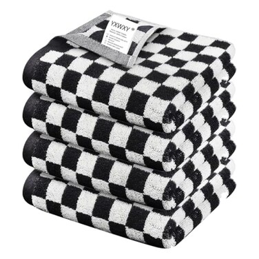 YXWXY Cotton Hand Towels for Bathroom 4 Pack Soft Absorbent Checkered Kitchen Towels Decorative Set Black and White 13x29 Inch