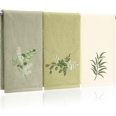 Tingjoo 3 Pcs Eucalyptus Leaves Hand Towels Farmhouse Green Fingertip Bath Towels 14x29 Inch Soft Embroidered Decorative Washable Spring Summer Cotton Absorbent Decor for Bathroom Kitchen