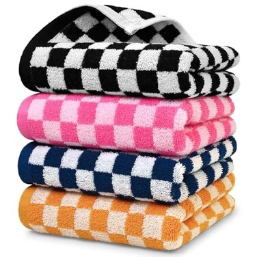 Jacquotha Hand Towels 4 Pack Cotton Decorative Bathroom Hand Towel Checkered Kitchen Decor 13 x 29 Black Hot Pink Navy Orange