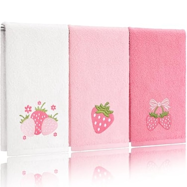Tingjoo 3 Pcs Strawberry Hand Towels 14x29 Inch Spring Summer Bathroom Decor Farmhouse Pink Strawberry Cotton Embroidered Soft Absorbent Bathroom Decor Towels for Kitchen