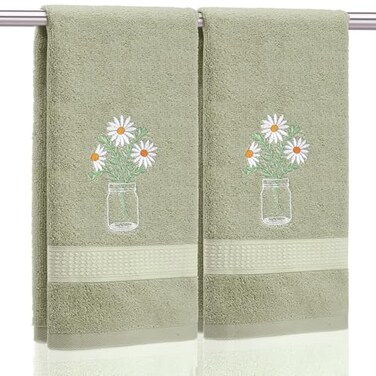 SmoothNovelty 2 Pcs Daisy Flower Hand Towels Gray Green Bathroom Decor 14x29 Inch Embroidered 100 Cotton Soft Absorbent Spring Summer Decorative Hand Towels for Bathroom Kitchen
