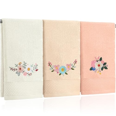 Tingjoo 3 Pcs Spring Fancy Flowers Hand Towels Boho Soft Embroidered Modern Pink White Floral Bath Towels Washable 14x29 Inch Farmhouse Decorative Spring Summer Cotton Cute Decor for Bathroom Kitchen