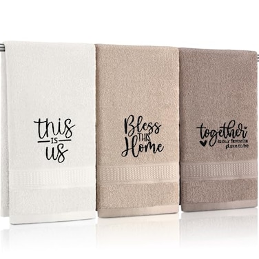 FuWeave 3 Pcs Farmhouse Decorative Hand Towels for Bathroom and Kitchen Rustic Embroidered Cotton Hand Towels Decorative Set for Boho Bathroom DecorBrownInspirational Language