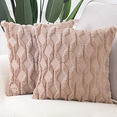 MADIZZ Set of 2 Soft Polyester Short Wool Velvet Decorative Throw Pillow Covers 26x26 inch Light Brown Square Luxury Style Cushion Cases European Pillow Shell for Sofa Bedroom