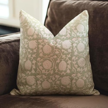 Fabritual Block Print Pillow Covers 14x14 Inch Solid Handmade Cotton Linen Cushion Cover with Floral Print Invisible Zipper Soft Handloom Throw Pillowcase Sofa Set Light Green Color Six Kamal