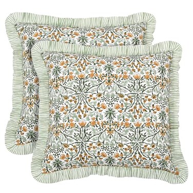 Ridhi Block Print Goldenrod Yellow Throw Pillow Cover 18 x 18 Pack of 2 Decorative Cushion Covers with Ruffle for Couch Sofa Bed Living Room Home Decor Gift for Spring Easter Valentine