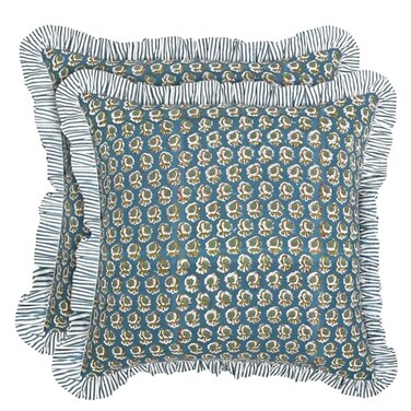 Ridhi Block Print Peacock Blue Throw Pillow Cover 18 x 18 Pack of 2 Decorative Cushion Covers with Ruffle for Couch Sofa Bed Living Room Home Decor Gift for Spring Easter Valentine