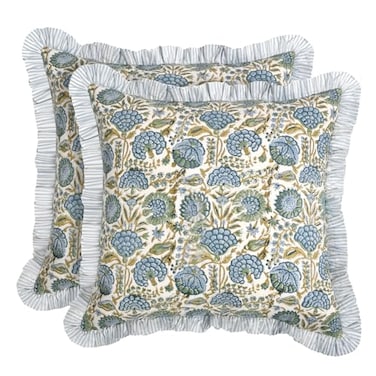 Ridhi Block Print Asparagus Green Throw Pillow Cover 18 x 18 Pack of 2 Decorative Cushion Covers with Ruffle for Couch Sofa Bed Living Room Home Decor Gift for Spring Easter Valentine