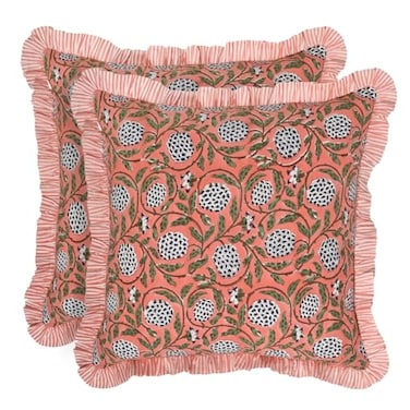 Ridhi Block Print Dark Salmon Pink Throw Pillow Cover 20 x 20 Pack of 2 Decorative Cushion Covers with Ruffle for Couch Sofa Bed Living Room Home Decor Gift for Spring Easter Valentine