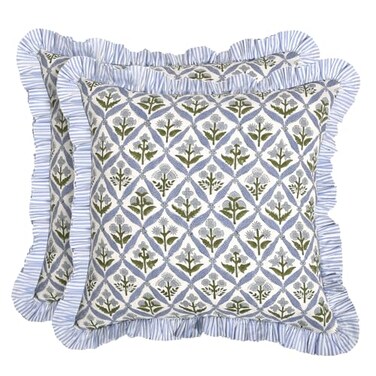 Ridhi Block Print Light Steel Blue Throw Pillow Cover 18 x 18 Pack of 2 Decorative Cushion Covers with Ruffle for Couch Sofa Bed Living Room Home Decor Gift for Spring Easter Valentine