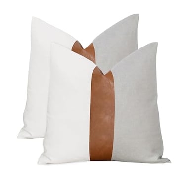 Vfuty Set of 2 Decorative Light Grey and White Throw Pillow Covers 18x18 Rustic Cotton Sofa PillowcaseModern Faux Leather Pillow Case for Living Room Couch Bed Farmhouse Boho Home Decor
