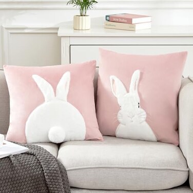 Arciveberg Pack of 2 Spring Easter Pillow Covers 18x18 Inch3D Embroidered Bunny Rabbit Throw Pillowcase Velvet Easter Decorative Throw Covers Cushion Cover Pink2PCS