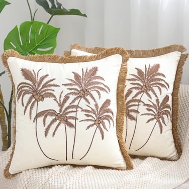 Tosleo Embroidered Throw Pillow Covers 18x18 Pack of 2 with Flax Fringe Brown Coconut Tree Pillow Covers OceanThemed Boho Beach Pillow Cushion Cases Farmhouse Decor Square Pillowcase for Summer