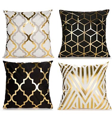 ZLINA Home Decorative Set of 4 Throw Pillow Covers Gold Foil Pillow Covers 18 18 Inch Geometric Square Cushion Covers Decor Couch Sofa BedroomBlackWhite and Gold
