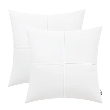 BRAWARM Faux Leather Throw Pillow Covers 16 X 16 Inches White Leather Pillow Covers Pack of 2 Hand Stitched Leather Decorative Throw Pillows for Couch Sofa Bed Living Room Home Garden