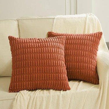 Fancy Homi 2 Packs Burnt Orange Big Decorative Throw Pillow Covers 24x24 Inch for Living Room Couch Bed Sofa Fall Farmhouse Boho Home Decor Soft Striped Corduroy Square Cushion Case 60x60 cm