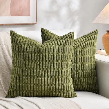 Fancy Homi 2 Packs Boho Moss Green Decorative Throw Pillow Covers 16x16 Inch for Couch Bed Sofa Rustic Modern Farmhouse Home Decor Soft Plush Corduroy Cute Square Cushion Case 40x40 cm