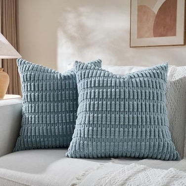 Fancy Homi 2 Packs Boho Light Blue Decorative Throw Pillow Covers 18x18 Inch for Couch Bed Sofa Rustic Modern Farmhouse Home Decor Soft Plush Corduroy Cute Square Cushion Case 45x45 cm