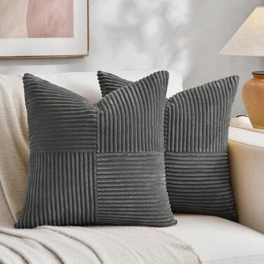 Fancy Homi 2 Packs Dark Gray Samll Decorative Throw Pillow Covers 12x12 Inch with for Couch Bed Sofa Rustic Farmhouse Boho Home Decor Soft Corss Patchwork Corduroy Square Cushion Case 30x30 cm