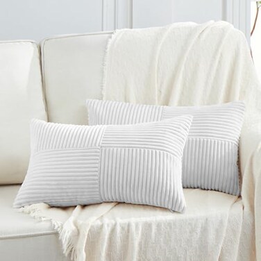 Fancy Homi 2 Packs White Lumbar Decorative Throw Pillow Covers 12x20 Inch for Living Room Couch Bed Sofa Rustic Farmhouse Boho Home Decor Soft Striped Corduroy Rectangle Accent Cushion Case 30x50 cm