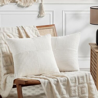 Fancy Homi 2 Packs Cream White Decorative Throw Pillow Covers 16x16 Inch for Living Room Couch Bed Sofa Rustic Farmhouse Boho Home Decor Soft Corss Patchwork Corduroy Textured Cushion Case 40x40 cm