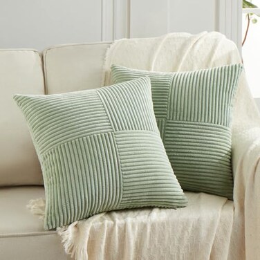 Fancy Homi 2 Packs Sage Green Samll Decorative Throw Pillow Covers 12x12 Inch with for Couch Bed Sofa Rustic Farmhouse Boho Home Decor Soft Corss Patchwork Corduroy Square Cushion Case 30x30 cm