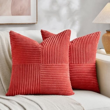 Fancy Homi 2 Packs Red Decorative Throw Pillow Covers 20x20 Inch for Living Room Couch Bed Sofa Holiday Christmas Home Decor Gift Soft Corss Corduroy Patchwork Accent Square Cushion Case 50x50 cm