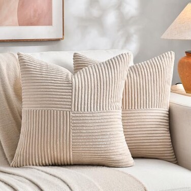 Fancy Homi 2 Packs Tan Samll Decorative Throw Pillow Covers 14x14 Inch with for Couch Bed Sofa Rustic Farmhouse Boho Home Decor Soft Corss Patchwork Corduroy Square Beige Cushion Case 35x35 cm