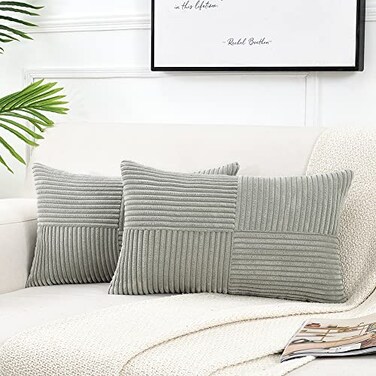 Fancy Homi 2 Packs Grey Lumbar Decorative Throw Pillow Covers 14x24 Inch for Living Room Couch Bed Sofa Rustic Farmhouse Boho Home Decor Soft Striped Corduroy Rectangle Accent Cushion Case 35x60 cm
