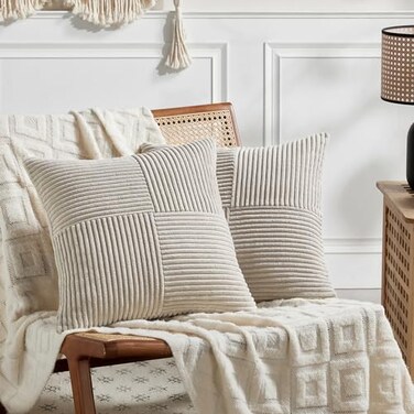 Fancy Homi 2 Packs Neutral Taupe Decorative Throw Pillow Covers 16x16 Inch for Living Room Couch Bed Rustic Farmhouse Boho Home Decor Soft Corss Patchwork Corduroy Textured Square Cushion Case 40cm