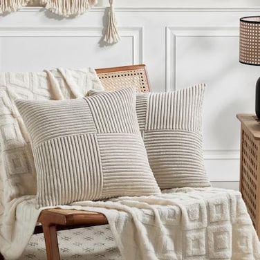 Fancy Homi 2 Packs Neutral Taupe Decorative Throw Pillow Covers 20x20 Inch for Living Room Couch Bed Sofa Farmhouse Boho Home Decor Soft Corss Corduroy Patchwork Accent Square Cushion Case 50x50 cm